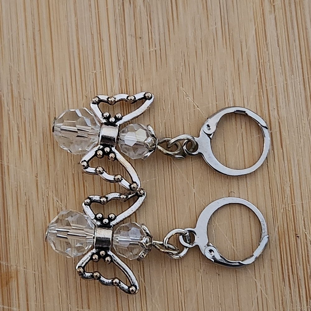 Hand Crafted Earrings Clear Crystal Angel Pierced with Silver Angel Wings - Picture 3 of 5